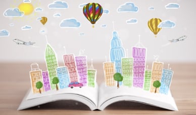 Colorful cityscape drawing on open book